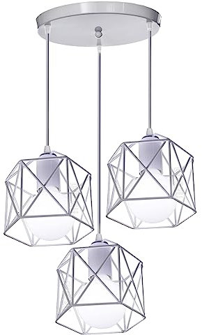 PETITES ECREVISSES E27 Lampadario a Sospensione Vintage 3 Luci Industriale Plafoniera Bianco Retro in Metallo gabbia Lampada da soffitto per Cucina Salotto (Bianco -Con Una Base)