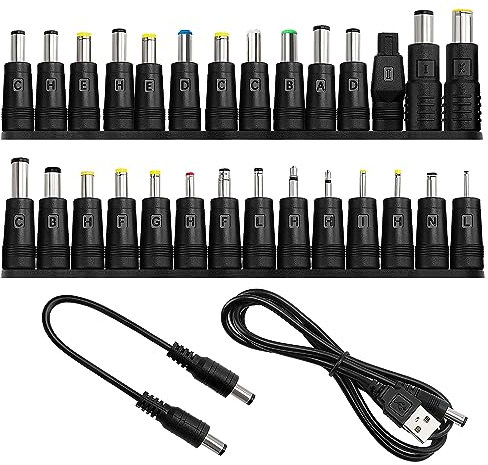 28 Tipi Adattatore di Alimentazione DC Universale, KUOQIY 5.5x2.1 mm Femmina a Maschio Adattatore Jack Connettore, DC Barrel Connettore Tips con 2 Pezzi Cavo, per Ventilatori, Router
