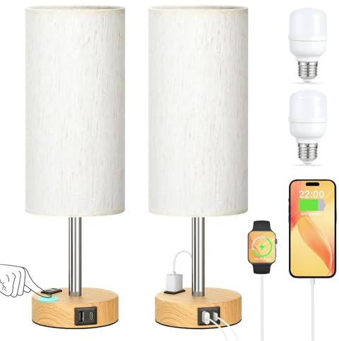 Touch Bedside Table Lamps Set - 3 Way Dimmable Bedroom Lamps Set of 2 with USB C and A Ports, Small Lamps for Nightstand with AC Outlet, Wood Base Round Flaxen Shade for Desk, Office, Dorm, Nursery