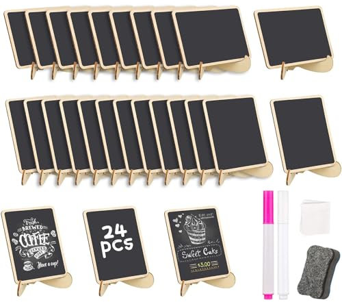 DOQNL 24 Pcs Mini Chalkboard Mini Blackboard Food Label Place Cards Small Blackboard with Marker Pens Eraser und Cleaning Cloth for School Party Table Numbers Food Signs (24)
