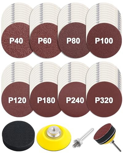 JatilEr 80 Pcs 50mm Sanding Discs, Hook and Loop Discs with 1/4 Shank Backing Plate and Soft Foam Buffering Pad, Grit P40/60/80/100/120/180/240/320 Orbital Sander Pads Round Sandpaper for Polished