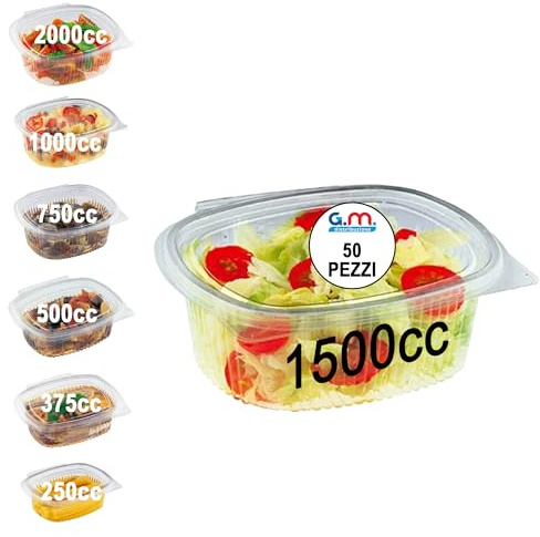 GM 50 Vaschette per Alimenti Riutilizzabili con Coperchio Ovali Trasparenti in Pet Misura 1500 cc Contenitori con Coperchio Unito Trasparente Vaschette per Alimenti Riutilizzabili Chiusura ermetica