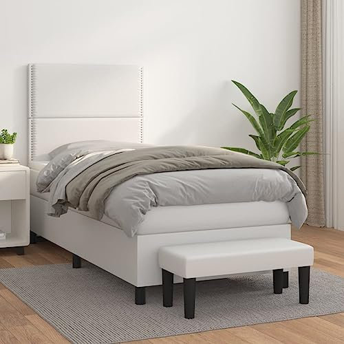 Festnight Einzelbett 90x190 Boxspringbett mit Matratze Bettbank Polsterbett Bettrahmen Kunstleder Bett mit Kopfteil Verstellbar Bettgestell mit Lattenroste Boxspringbetten Schlafzimmer Weiß