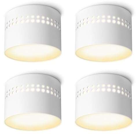 linovum SUNEVA Aufbauspot 4er Set weiß rund flach warmweiß 8W indirekt 230V | Vier flache Deckenspots weiß - indirektes warmweißes Licht, für Wohnzimmer, Flur & Schlafzimmer, direkt an 230V, inkl. LED