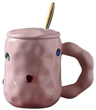 UIOPPOI Taza de cerámica con Tapa y Cuchara, Taza de café con Cristales, Taza de té Grande, Taza de Leche para café con Leche, Capuchino 450ML/15OZ C