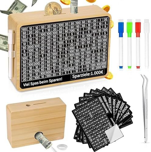 Uixxducc Spardose, Wiederverwendbare Sparbox Mit Zähler (10000 Euro), Retro Holzspardose Für Erwachsene Und Kinder (Gold)