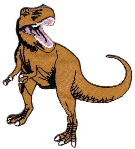 T-Rex Braun Dino Aufnäher zum aufbügeln oder aufnähen Bügelbild Kinder Bügelpatch Aufbügler für Kleidung gestickter Bügelflicken Dinosaurier Applikation Patch Größe 8,0 x 9,0 cm