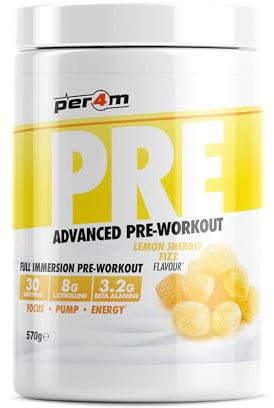 Per4m Pre Workout Powder | Intense Pump, Sustained Energy & Mental Focus | L-Citrulline, Beta Alanine & Caffeine & Added Hydration (570g, Lemon Sherbet Fizz)