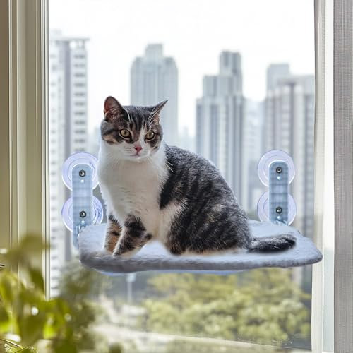 Foldable Cat Window Hammock Perch - Cat Window Bed 30 x 45CM with Powerful Suction Cup up to 18kg, Reversible Washable Cover Cat Hammock for Indoor Cats, Grey Medium