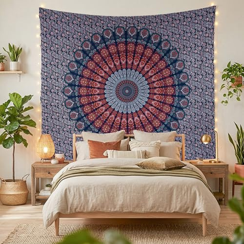 FURNISHFUL FINESSE Wandteppich, Gold Blau, 137 x 213 cm | Dekorative Baumwoll-Wanddecke für Wohnzimmer, Schlafzimmer oder Boho-Räume; vielseitig als Wandbehang und Heimdeko.