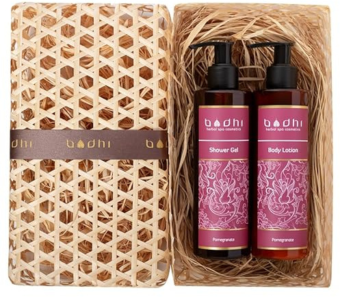 Bodhi® Naturkosmetik Geschenkset GRANATAPFEL 2x 250ml - beinhaltet Körpermilch und Duschgel, verpackt in schöner Handgemachter Pandan Box für Damen / Bio & Vegan