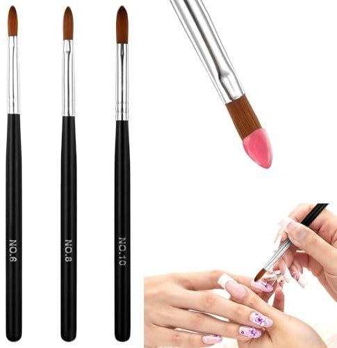 3 Pack Acrylic Nail Brushes Size 6/8/10 Kolinsky Acrylic Powder Brushes for Acrylic Powder Application, Black Round Shaped Nail Art Brush for Nail Art Extension, Manicure Tools Carving