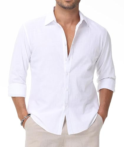 EOUOSS Linen Shirts for Men Casual Button Down Long Sleeve Shirt Solid Summer Beach Hawaiian Shirts White X Large