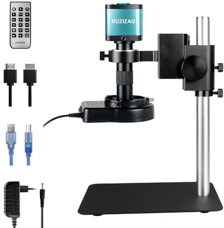 RUZIZAO Microscope Numérique 4K 1080P Microscope USB/HDMI avec 48MP Caméra/150X Objectif à Monture-C/56 Annulaire Lumière LED et Base Métallique, Microscopes Electronique Soudure Compatible avec PC/TV