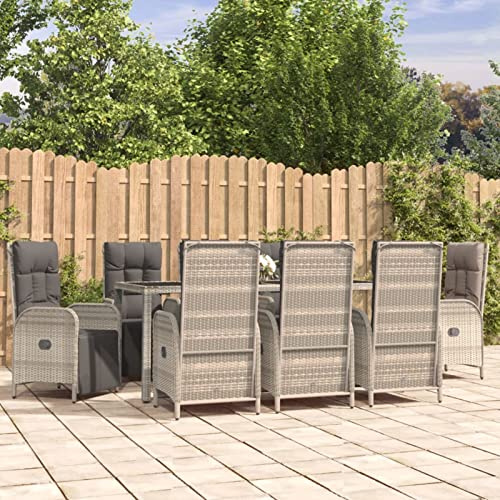 IKAYAA Gartenmöbel Set mit 8 Stühle Verstellbar Garten Essgruppe 8 Personen Rattan Gartenmöbel Essgruppe Gartengarnitur Sitzgarnitur mit Kissen-Grau-9-tlg-2