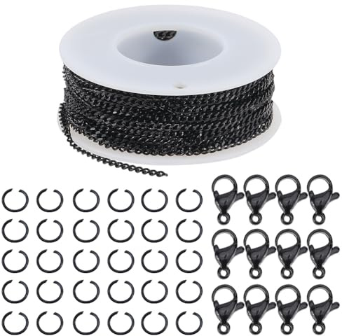SOFPLATE 33 Fuß/10 m 3 x 2mm Schwarze Panzerkette Massenkette Schmuckherstellungsset Mit Biegeringen 304 Edelstahl Kettengliedern Rollenverbinder Zubehör Für Schmuck Halsketten Armbänder DIY Handwerk