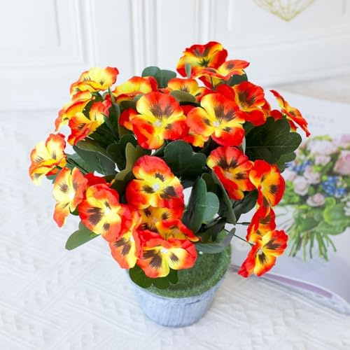 Lebendige künstliche Stiefmütterchen, Set mit 3 UV-beständigen, realistischen Blüten, für Innen- und Außenbereich, Dekoration, Garten, Terrasse, Veranda, 32 cm hoch (Sonnenuntergang rot)