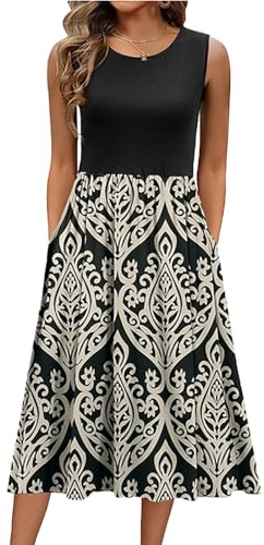 Yeenily Vestito Donna Estivo Lungo Vestito da Mare Elegante Collo Rotondo Senza Maniche A Vestiti Vita Alta A Line con Tasche(Stampa Nera,XL)