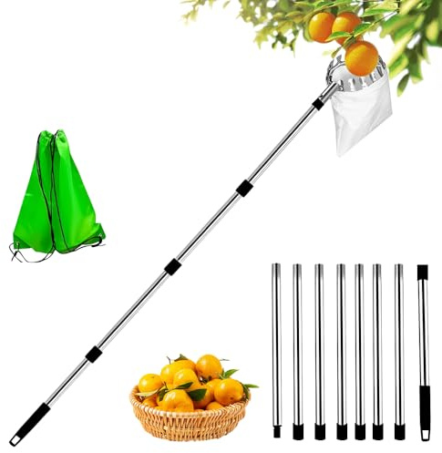 WDKXCN Cueille-fruits 4,2 m avec manche télescopique, cueille-pommes en alliage d'aluminium, avec manche télescopique, cueille-pommes avec sac de 16 cm de diamètre, collecteur de fruits