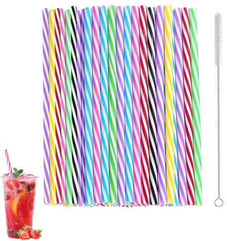 OYUUJII Pailles Réutilisables,60 Pièces Coloré Paille Plastique Reutilisable avec Brosse de Nettoyage,23 cm Rigide Épaisses Pailles pour Smoothies Frappés Jus Cocktails Boissons Chaudes