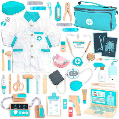 UMU® Maleta médica de Madera de Lujo para niños con Estetoscopio, Bata médica, Ordenador portátil, Accesorios de Dentista y más, maletín de Doctor, Juguete para Juegos de rol, 37 Piezas, Kit médico