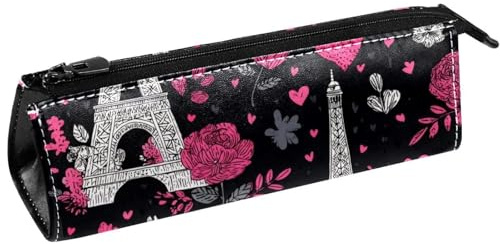 VAPOKF Sac à crayons rose avec cœur Tour Eiffer, trousse à crayons, trousse à cosmétiques, sac compact à fermeture éclair