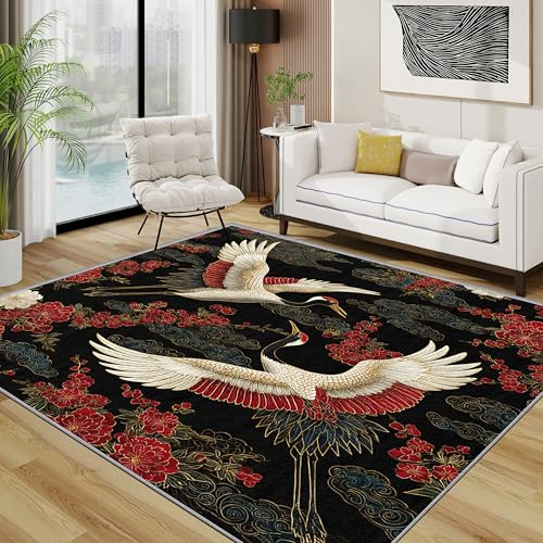 Kranich Teppich 200x200 cm, Japanisch Chinesisch Vogel Waschbarer Teppiche Wohnzimmer, Orientalisch Traditionell Rutschfest Antirutsch Groß Teppiche Für Esszimmer, Quadratisch, Weiß Rot Schwarz