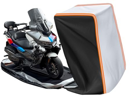 FJWDSC Full Enclosed Large Motorcycle Cover Waterproof Outdoor/Indoor Storage Motorcycle Cover Heavy Duty with Reflective Strips Fits Motorcycles Length up to 118 with Side+Top Box (Black+Sliver)