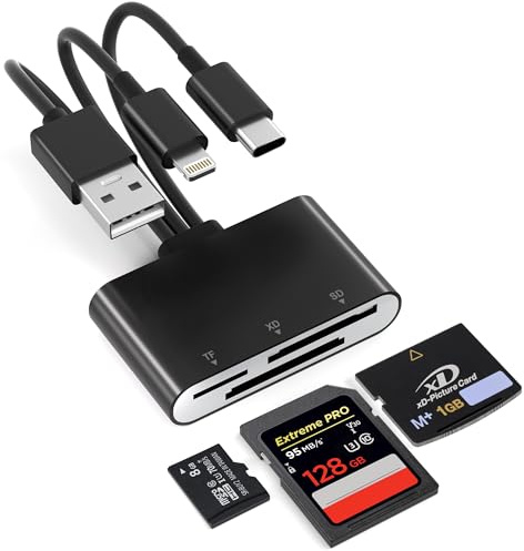 Lector de Tarjetas XD, Adaptador Tarjeta Memoria SD/TF/XD 3 en 1 para Dispositivos Lightning/USB C/USB A, Card Readerde SD para iPhone 17/16/15/14, iPad/MacBook/Android/Cámaras/PC