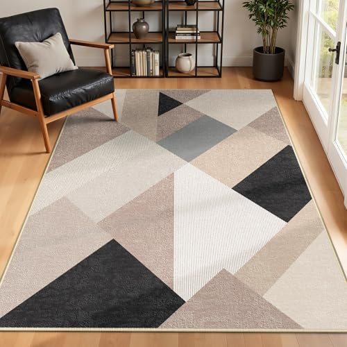 INOVADAY Rugs Living Room 120x180 cm Washable Rug with Modern Geometric Patchwork Design Low Pile Non Slip Rugs for Bedroom Lounge Dining Room Indoor Beige/Brown