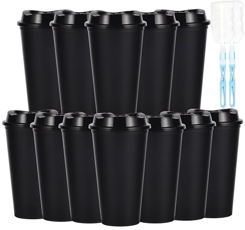 CuppaLifes 475ml Reusable Coffee Cups with Lids, 12 Pack Insulated Plastic Tumblers, Travel Mugs for Hot/Cold Drinks, Smoothie, Takeaway Cups for Adults (12, Black)