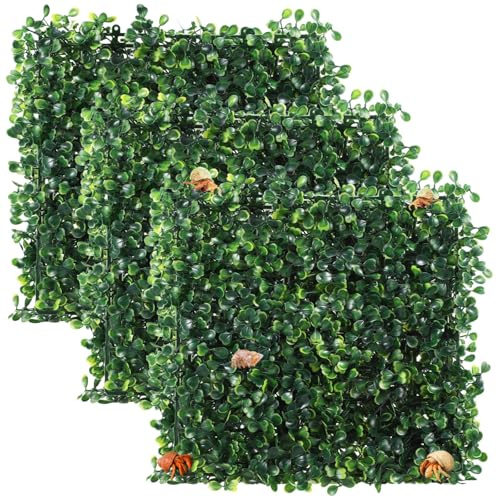 OMISTAR 3PCS Hermit Crab Climbing Wall Toys, 9.84 × 9.84 in Faux Grass Mat Aquarium Decor with Suction Cups, Plastic Reptile Climbing & Hide Plants for Gecko Lizard Turtle Betta