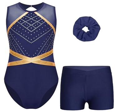 Yruioon Kinder Turnanzug Mädchen Gymnastikanzug mit kurzer Hose Haarband Glitzer Ballettanzug Turnen Leotards Wettbewerb Tanzkostüm