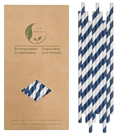 19,7 cm Cannucce di Carta a Righe Blu e Bianco, 100 Pezzi Blu Marina Militare Cannucce Usa e Getta per Feste, Matrimoni e Occasioni