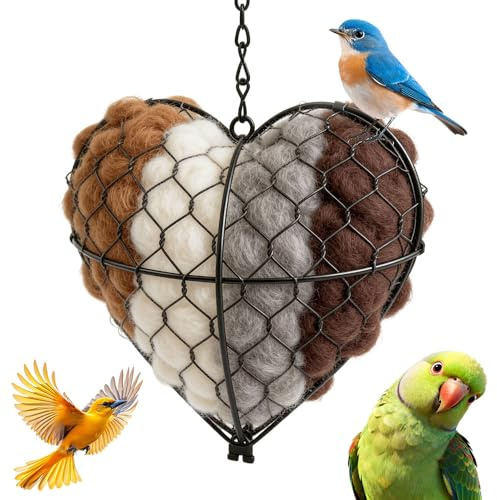 Handgefertigtes Herz-Vogelnest aus Naturfasern, Nachfüllbarer Nistmaterial-Halter zur Gartendekoration für Balkon, Garten und Terrasse (Herz,1 Stück)