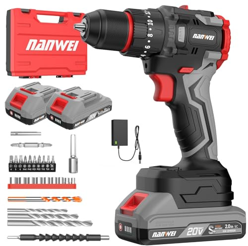 NANWEI Cordless Drill,50Nm,3-Mode,Brushless Electric Drill with 2 Battery | 20V, 20 Torque Settings, 2‑Speed, LED Light, Cordless Drill and Screwdriver Set for Home