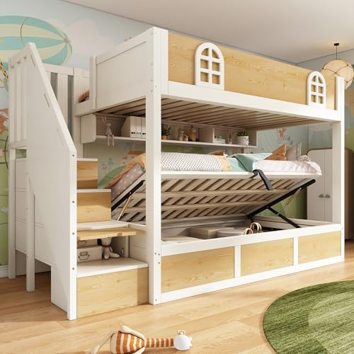 Bunk Beds for Kids, Staircase Bunk with Storage Cube, Children's Bed with Hydraulic Storage, Double Bed High Sleeper for Family with Multiple Children, 90 x 190 cm, Solid Wood, White & Natural