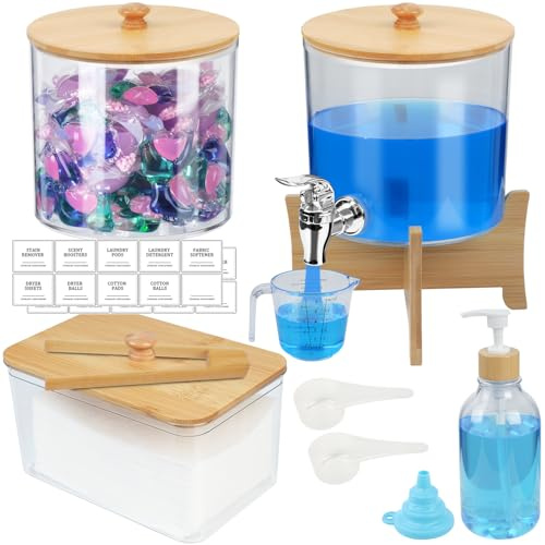 Set di 12 organizer per detersivi da 7 l, con etichette e coperchi in bambù, contenitore per detersivo in polvere, detersivo liquido e bucato, contenitore in polvere