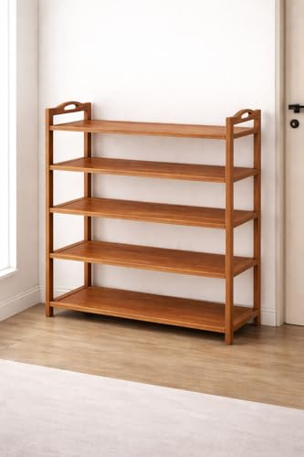 PWRco Bamboo Shoe Rack 5 Tier 100cm Wide Tall – Slim Narrow Entryway Hallway Shoe Storage Cabinet Shelf Organiser, Solid Panel Wooden Shoe Stand, Reinforced Load Bearing Vertical Unit 100x87x25cm