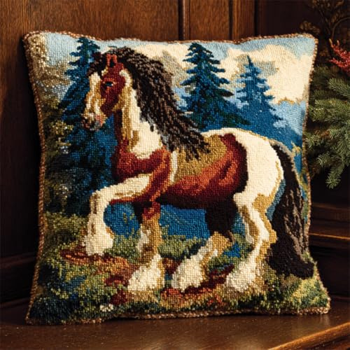 DIY Latch Hook Kit Horses and Landscapes DIY Latch Hook Kits Pillow Printed Cushion Crochet Yarn 3D Embroidery Set Pillowcase Rug Home Decor 17x17In