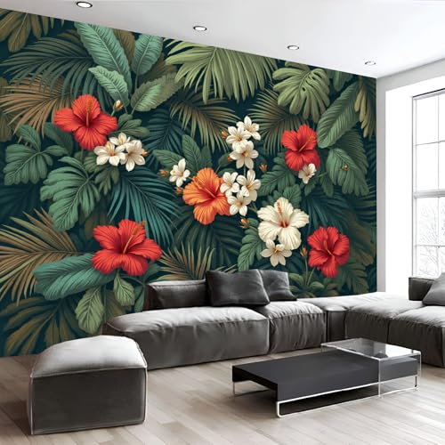 Murales Papel Pintado Fotográfico, 200X140Cm Grande Papel Pintado Tropical Flores Hojas De Palma, Plantas Naturales Fotomurales Póster 3D Murales Decoración Para Dormitorio Salón, Verde Bosque