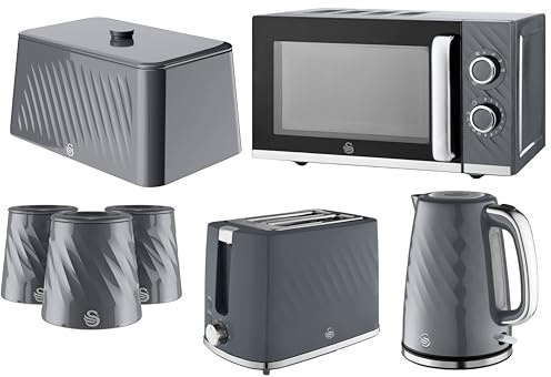 Swan Windsor Grey 7 Piece Kitchen Appliance & Storage Set – 1.7L 3KW Kettle, 2 Slice Toaster, 20L 800W Microwave, Bread Bin & Canisters Bindle Set – Textured Gloss Finish with Chrome Accents