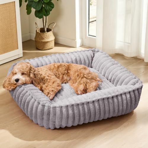 Jolibean Medium Dog Bed Calming Cat Bed For Indoor Cats 60x50 cm Grey | Furry Rectangle Orthopedic Pet Sofa Bed, Washable Anti-Anxiety Soft Puppy Couch, Nonskid Bottom Cuddler Up To 7 kg