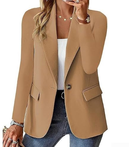 Vardaglig enfärgad blazer för kvinnor långärmad med knapp och fickor, kostymjacka för daglig semester klubb vår sommar höst vinter (XL khaki)