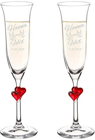 AMAVEL Set de 2 flûtes à Champagne avec cœur Rouge et Gravure pour Le Mariage, Motif tourtereaux, Personnalisées avec Noms et Date, Coupe en Verre, Volume env. 175 ML