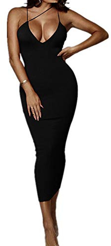 PRIMODA Women's Sexy Neon Asymmetrical Spaghetti Strap Dress Deep V-Neck Sleeveless Bodycon Midi Club Dress(Black,M)