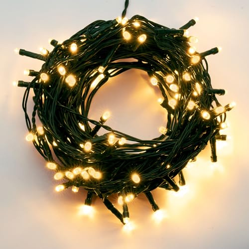 Hellum LED Lichterkette Außen mit Timer I 19,9m 200 bernsteinfarbene LEDs (klassisch warmweiß) Weihnachtsbaumbeleuchtung Kabel in grün, <59lm 576696