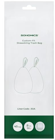 SONGMICS Drawstring Bin Liners, 30L Bin Liners, Code 30A, Customized, 1 Roll, 45 Pieces, White KRB30A