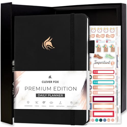 Clever Fox Planer täglich Premium Edition - Undatierter Luxuriöser Tagesplaner mit Stundenplan, Persönlichem Organizer, Produktivitäts- und Zieljournal, A5-Format, 6 Monate Haltbar - Schwarz
