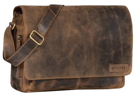 STILORD Rick Schultertasche Leder für 15,6 Zoll Laptop Umhängetasche Aktentasche Bürotasche Unitasche Büffel-Leder Farbe:Cognac - Hellbraun